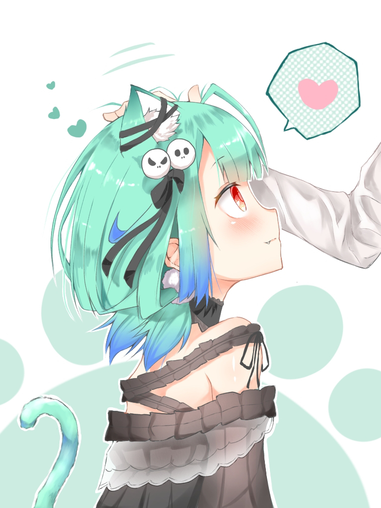 1boy 1girl ahoge animal_ears bangs bare_shoulders black_choker black_dress blue_hair blush cat_ears cat_girl cat_tail choker closed_mouth dress ear_ribbon fang fang_out frilled_dress frilled_straps frills from_side gothic_lolita gradient_hair green_hair hair_ornament headpat heart hololive lace lace_choker lolita_fashion looking_at_another low_twintails multicolored_hair off-shoulder_dress off_shoulder out_of_frame pom_pom_(clothes) pom_pom_hair_ornament profile red_eyes short_hair short_twintails skull_hair_ornament smile solo_focus spoken_heart tail twintails uruha_rushia virtual_youtuber