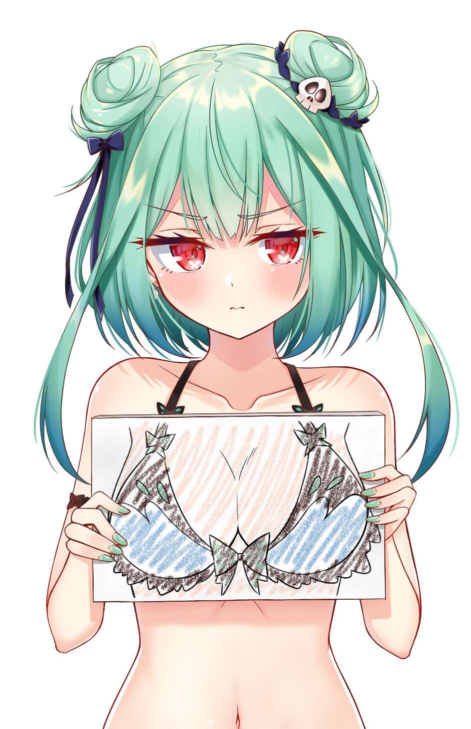 1girl bangs blue_bra bra breast_conscious collarbone double_bun drawing eyebrows_visible_through_hair green_hair green_nails hair_ornament highres hololive hoshino_reiji looking_at_viewer red_eyes short_hair sidelocks simple_background skull_hair_ornament solo underwear upper_body uruha_rushia virtual_youtuber white_background