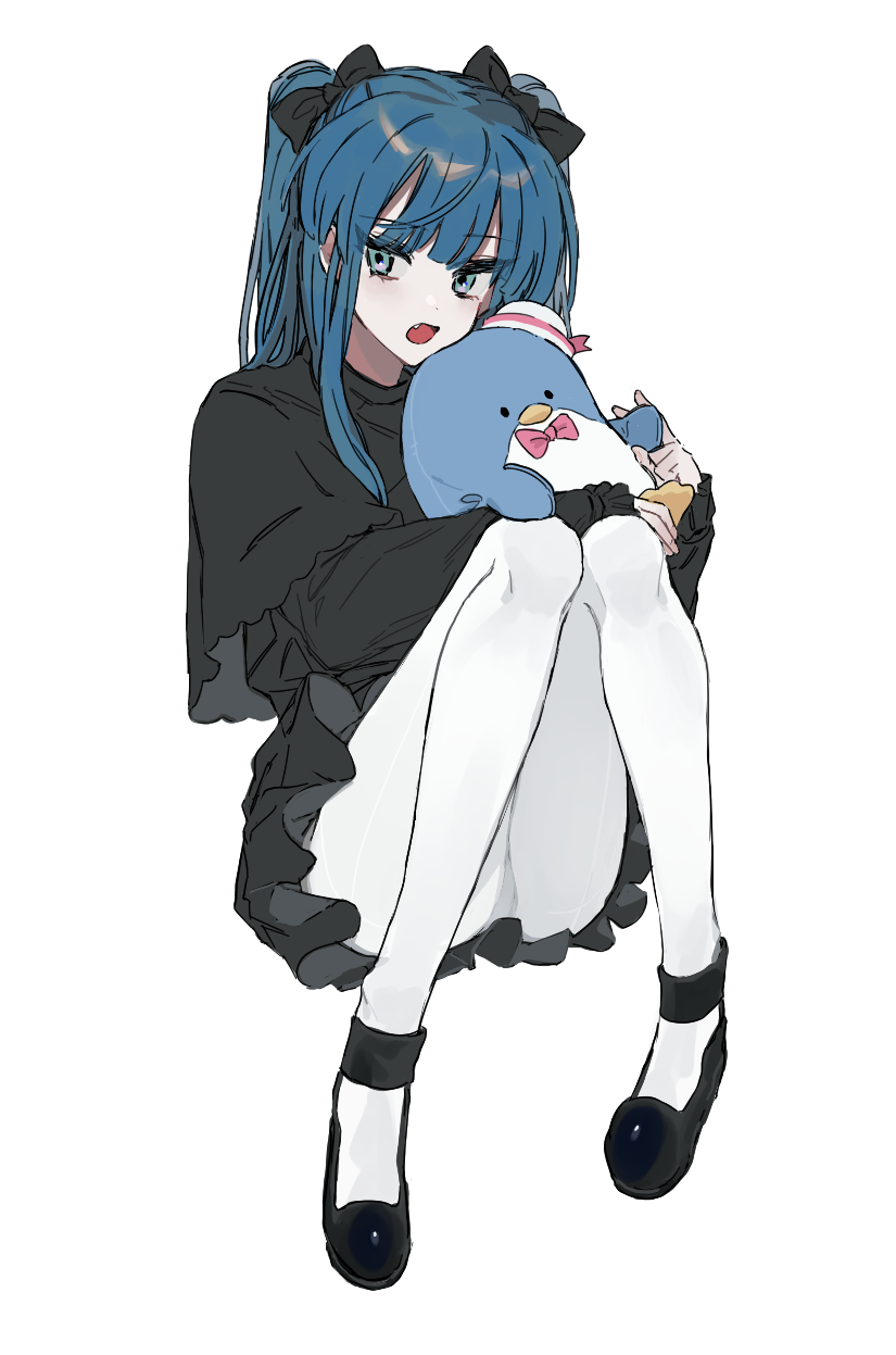 0mot 1girl aqua_eyes bangs black_bow black_dress black_footwear blue_hair bow commentary_request dress eyebrows_visible_through_hair eyes_visible_through_hair fang full_body hair_bow highres long_hair long_sleeves looking_at_viewer object_hug open_mouth original pantyhose pink_bow sanrio simple_background sitting sleeves_past_wrists solo stuffed_animal stuffed_penguin stuffed_toy tuxedo_sam twintails upskirt white_background white_legwear