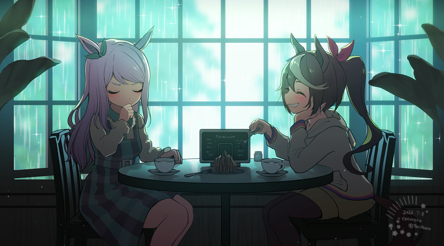2girls animal_ears artist_name black_legwear blue_dress blush bow brown_hair cafe chair closed_eyes covering_mouth cup dated dress feet_out_of_frame fork green_bow grin hair_bow holding holding_fork horse_ears horse_girl horse_tail kokoroko legwear_under_shorts mejiro_mcqueen_(umamusume) multicolored_hair multiple_girls pantyhose pink_bow plant ponytail purple_hair shorts sitting smile streaked_hair sweater table tail teacup tokai_teio_(umamusume) twitter_username umamusume white_sweater window yellow_shorts