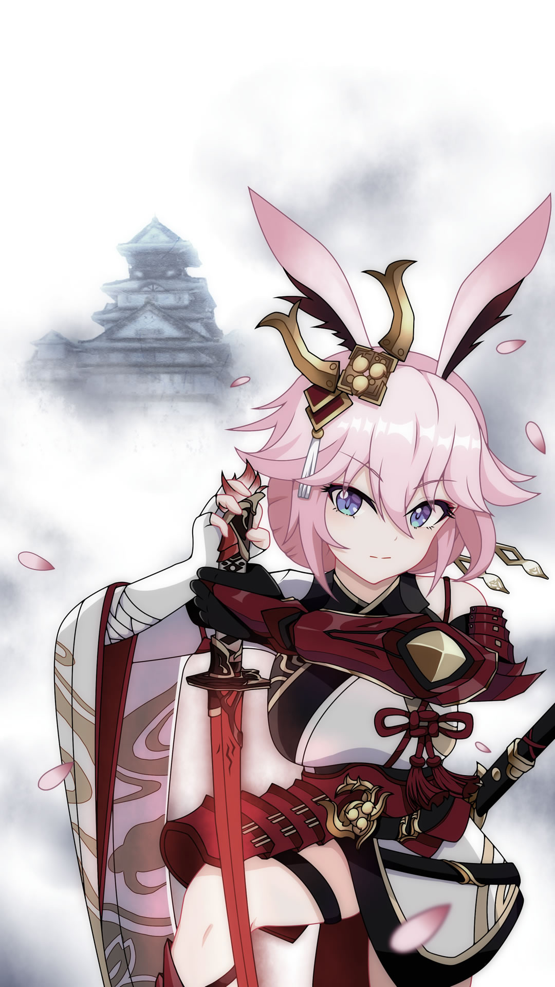 1girl animal_ears armor bangs closed_mouth fox_ears gloves glowing glowing_weapon hair_between_eyes hair_ornament highres holding holding_hands holding_sword holding_weapon honkai_(series) honkai_impact_3rd japanese_armor japanese_clothes katana looking_at_viewer mismatched_gloves petals pink_hair pomo910 red_gloves sheath sheathed smile solo sword temple violet_eyes weapon white_background white_gloves yae_sakura yae_sakura_(flame_sakitama)