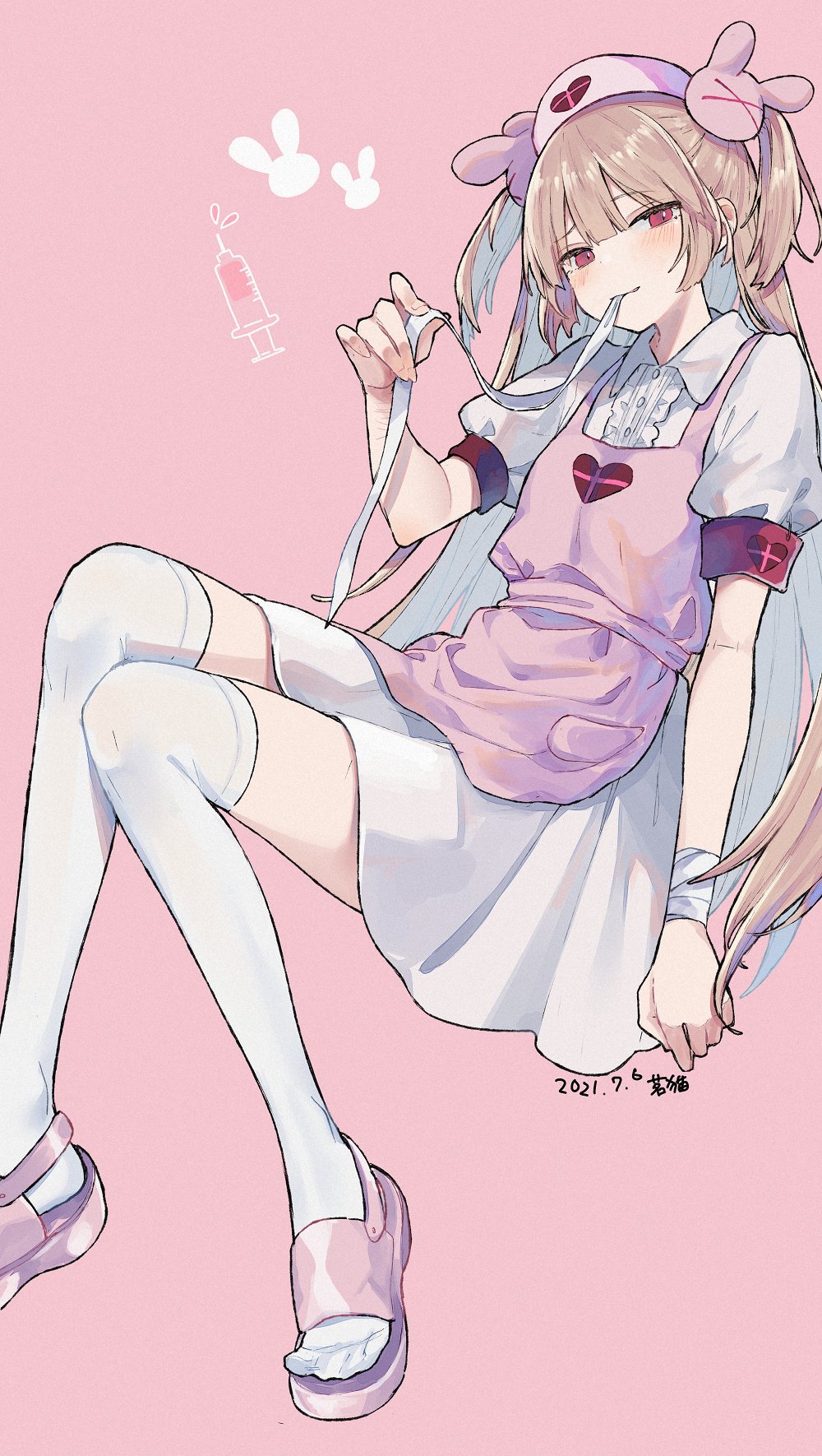 1girl apron bandages bangs blush bunny_hair_ornament closed_mouth dated eyebrows_visible_through_hair feet_out_of_frame hair_ornament hat heart highres light_brown_hair long_hair looking_at_viewer mimelond mouth_hold natori_sana natori_sana_(artist) nurse_cap pink_apron pink_background pink_headwear puffy_short_sleeves puffy_sleeves red_eyes sana_channel short_sleeves signature simple_background sitting smile solo syringe thigh-highs two_side_up virtual_youtuber zettai_ryouiki
