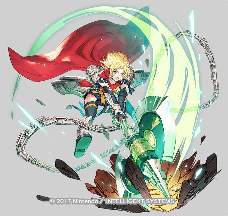 1girl afterimage amelia_(fire_emblem) arm_guards armor axe blonde_hair blue_legwear bob_cut cape chain commentary_request copyright_name crater debris elbow_gloves eyebrows_visible_through_hair fire_emblem fire_emblem:_the_sacred_stones fire_emblem_heroes gauntlets gloves glowing glowing_weapon greaves green_eyes grey_background hip_armor holding holding_axe huge_weapon jumping miniskirt official_alternate_costume official_art open_mouth pauldrons red_cape sandals short_hair shoulder_armor simple_background skirt solo taroji thigh-highs watermark weapon yellow_skirt zettai_ryouiki