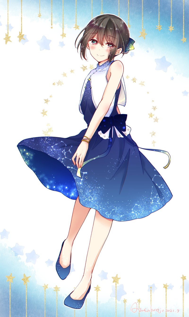 1boy 2021 banjou_azusa bare_shoulders black_hair blonde_hair blush bow bracelet commentary_request constellation_print dated dress full_body hair_between_eyes highres jewelry looking_at_viewer original shoes sleeveless smile solo star_(symbol) tanabata watermark