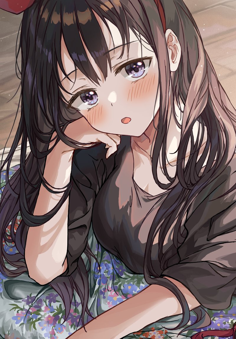 1girl :o bangs black_hair blush breasts collarbone eyebrows_visible_through_hair hairband hand_on_own_cheek hand_on_own_face hand_up kiki light_particles long_hair looking_at_viewer lying majo_no_takkyuubin older red_hairband saya_(mychristian2) short_sleeves solo upper_body violet_eyes