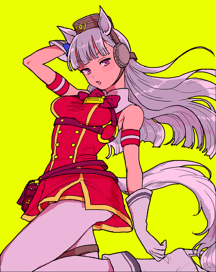 1girl animal_ears arm_behind_head arm_cuffs bangs blunt_bangs discowars dress eyebrows_visible_through_hair gloves gold_ship_(umamusume) grey_hair harness horse_ears horse_girl horse_tail long_hair long_tail looking_at_viewer neck_ribbon open_mouth pillbox_hat red_dress ribbon solo tail umamusume violet_eyes white_footwear white_gloves white_legwear yellow_background