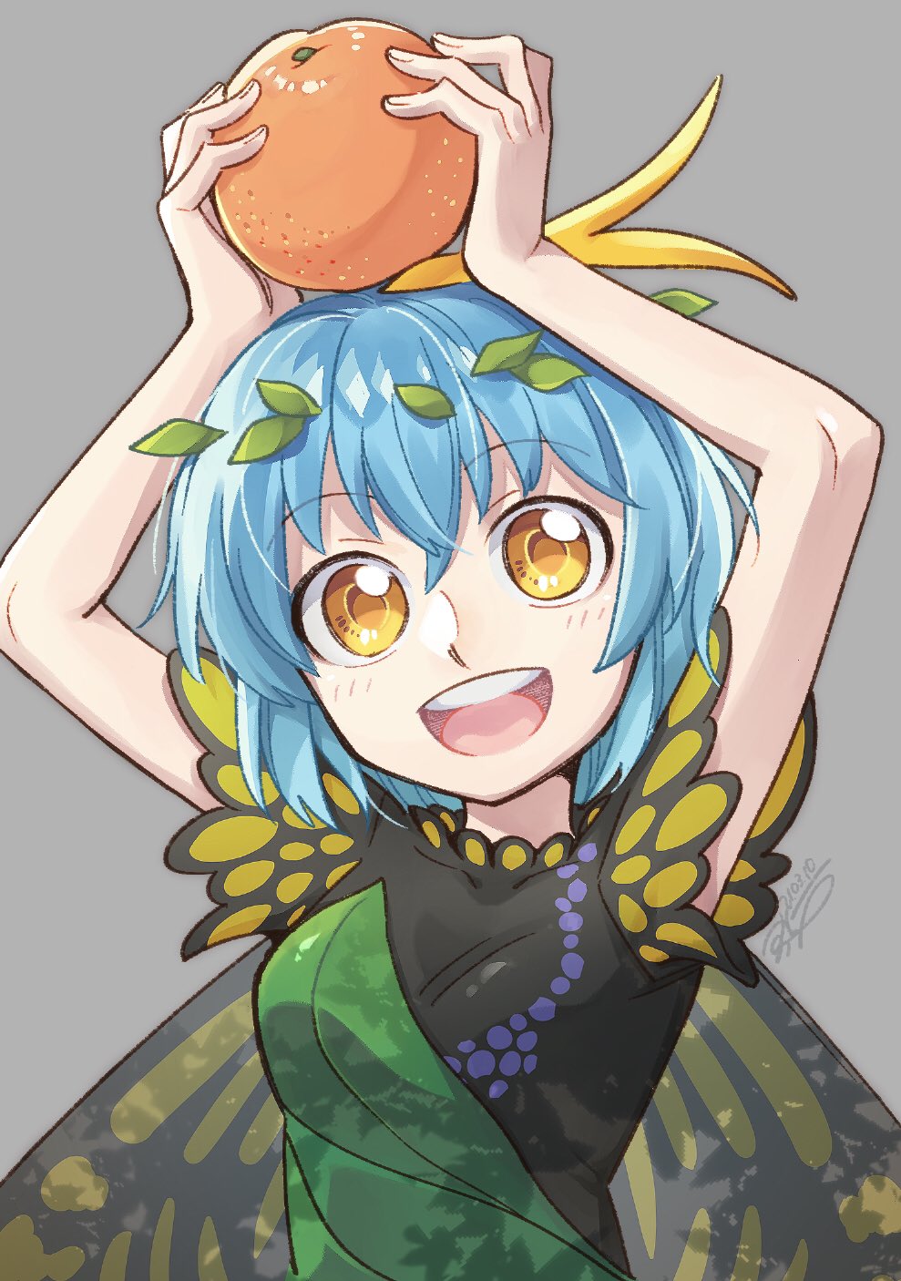 1girl arms_up bangs black_dress black_sleeves blue_hair blush breasts butterfly_wings dress eternity_larva eyebrows_visible_through_hair food fruit green_dress grey_background hair_between_eyes hands_up highres leaf leaf_on_head medium_breasts multicolored multicolored_clothes multicolored_dress orange_(food) shikido_(khf) short_hair short_sleeves simple_background solo teeth tongue touhou wings yellow_eyes