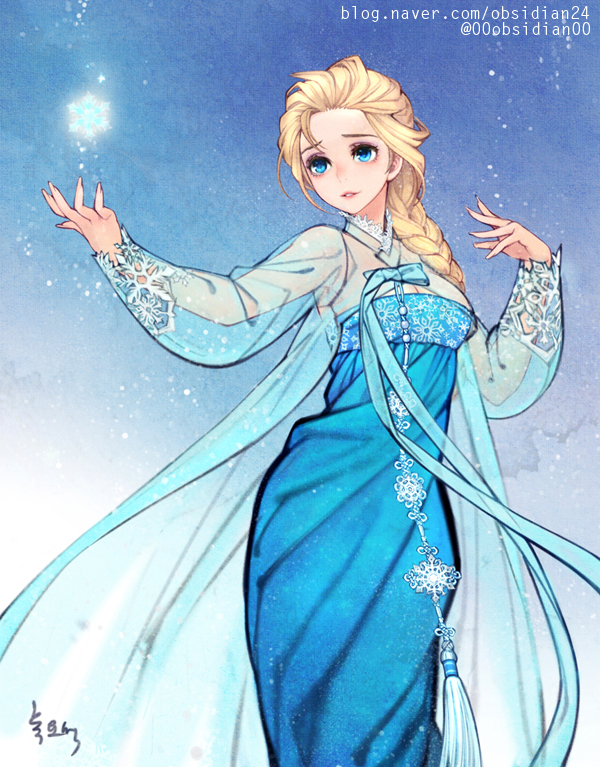 1girl aqua_dress arm_up blonde_hair blue_background blue_bow blue_dress blue_eyes blue_ribbon bow braid cape disney dress elsa_(frozen) formal frozen_(disney) gown hair_pulled_back hanbok korean_clothes lace-trimmed_sleeves lace_trim long_dress magic print_dress queen ribbon see-through_sleeves snow snowflake_ornament snowflake_print snowflakes snowing solo tassel traditional_clothes traditional_dress woohnayoung