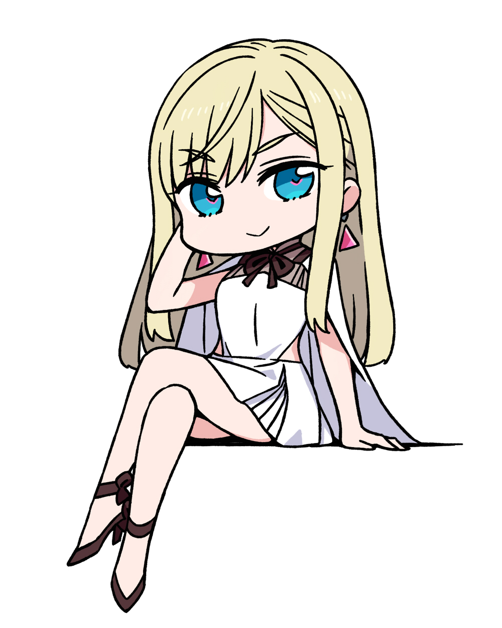 &gt;:) 1girl bangs blonde_hair blue_eyes brown_footwear cape chan_co closed_mouth crossed_legs dress earrings eyebrows_visible_through_hair full_body gigi_andalusia gundam gundam_hathaway's_flash hand_up high_heels highres jewelry long_hair looking_at_viewer pleated_dress shoes sitting sleeveless sleeveless_dress smile solo v-shaped_eyebrows very_long_hair white_background white_cape white_dress