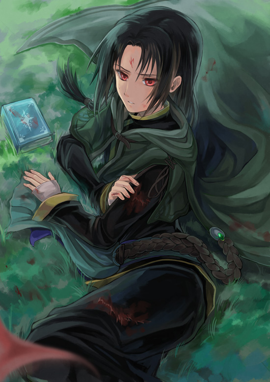 1boy akr369akr black_hair black_pants black_shirt book bruise bruise_on_face cape facial_mark fire_emblem fire_emblem:_path_of_radiance grey_cape hair_intakes injury long_hair long_sleeves low-tied_long_hair lying male_focus on_side pants parted_lips ponytail red_eyes shiny shiny_hair shirt solo soren_(fire_emblem) very_long_hair