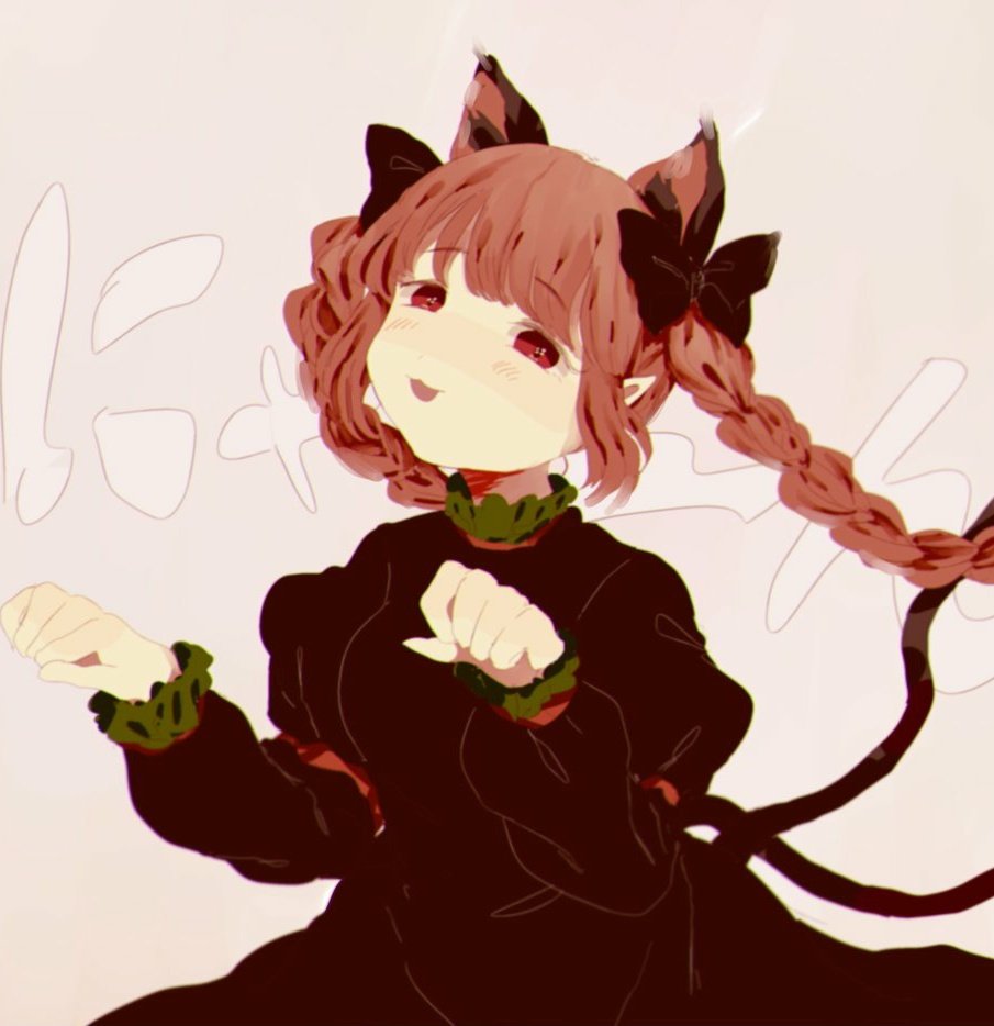 1girl :3 :d animal_ear_fluff animal_ears bangs black_bow black_dress blunt_bangs blush bow braid breasts cat_ears cat_tail commentary_request dress extra_ears eyebrows_visible_through_hair grey_background hair_bow hands_up izari juliet_sleeves kaenbyou_rin long_sleeves looking_at_viewer medium_breasts multiple_tails nekomata nose_blush open_mouth paw_pose pointy_ears puffy_sleeves red_eyes redhead simple_background smile solo tail touhou twin_braids twintails two_tails upper_body