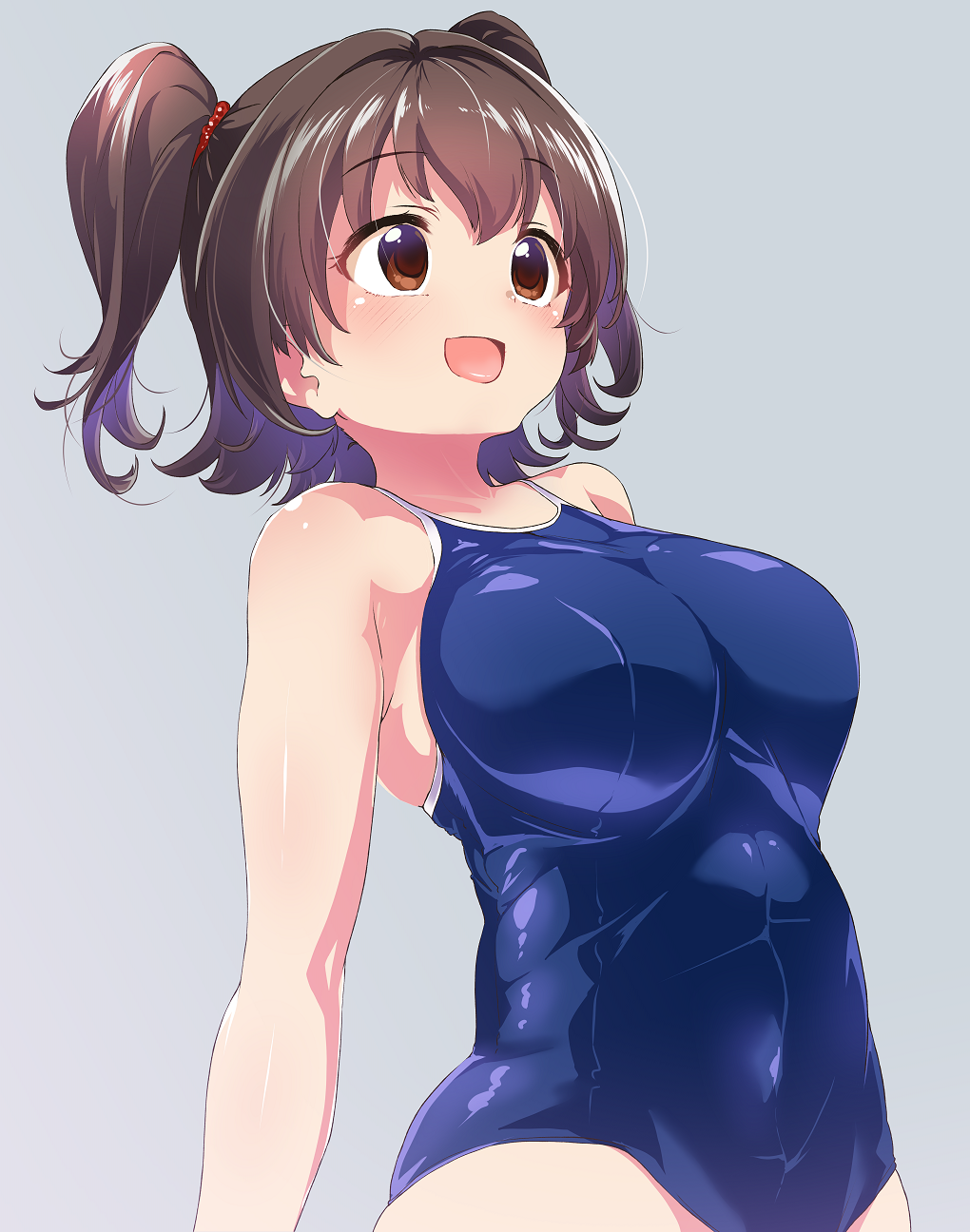 1girl :d akagi_miria alternate_breast_size bangs bare_legs bare_shoulders blush breasts brown_eyes commentary_request commission cowboy_shot eyebrows_visible_through_hair from_below grey_background highres idolmaster idolmaster_cinderella_girls large_breasts looking_ahead older one-piece_swimsuit open_mouth school_swimsuit shift_(waage) short_hair simple_background skeb_commission smile solo spaghetti_strap standing swimsuit two_side_up