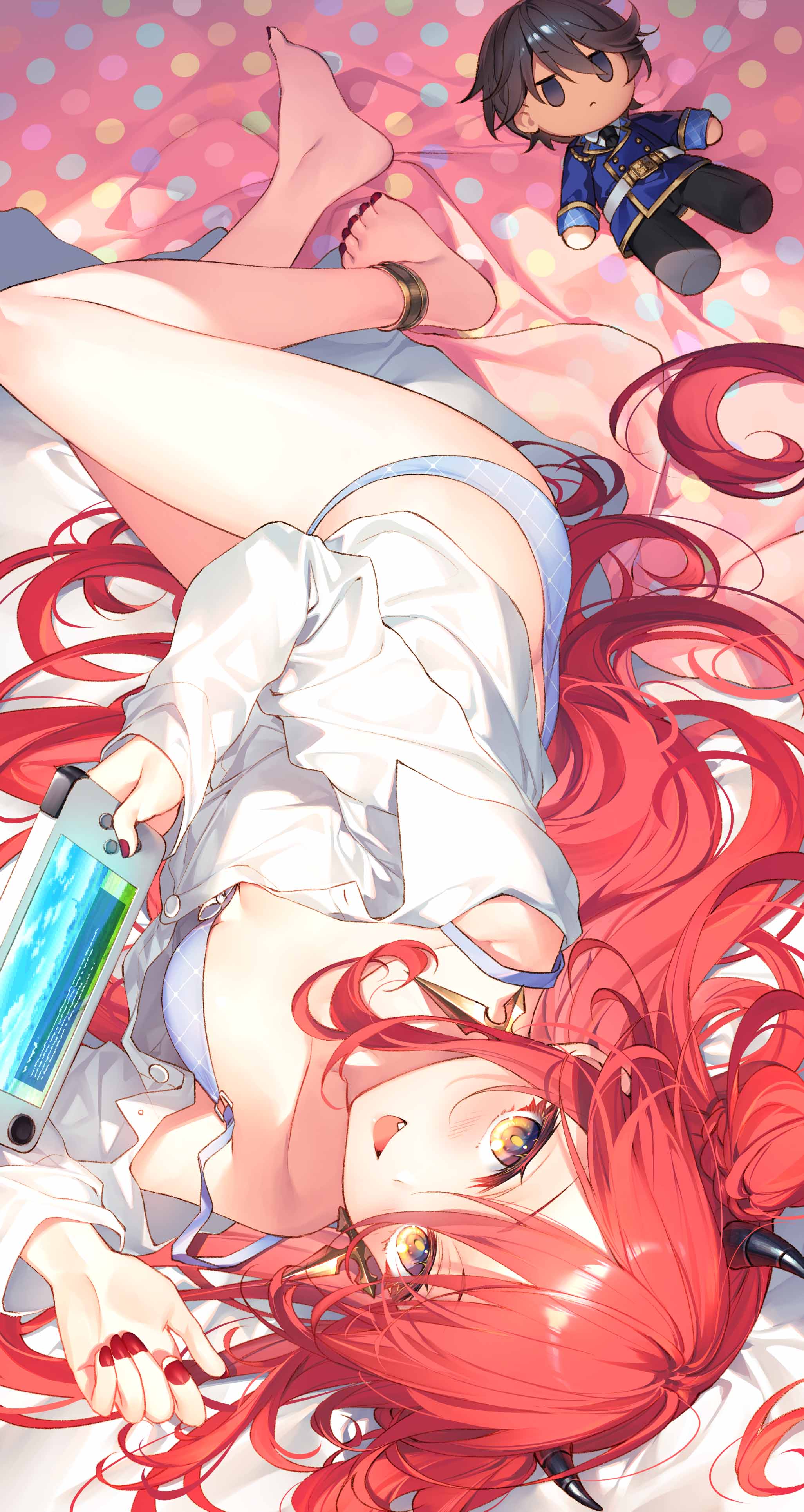1girl absurdres anklet barefoot blue_bra blue_panties bra game_console highres horns jewelry long_hair looking_at_viewer lying nail_polish no_pants on_side open_mouth panties red_nails redhead seiken_gakuin_no_maken_tsukai shirt smile solo thighs toosaka_asagi two_side_up underwear veira_(seiken_gakuin_no_maken_tsukai) very_long_hair white_shirt yellow_eyes