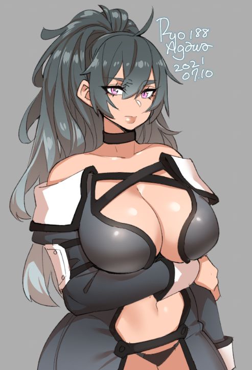 1girl agawa_ryou arm_under_breasts artist_name bangs bare_shoulders black_choker black_hair black_panties breasts choker closed_mouth curvy grey_background hair_between_eyes high_ponytail large_breasts navel original panties pink_eyes revealing_clothes thick_eyebrows underwear