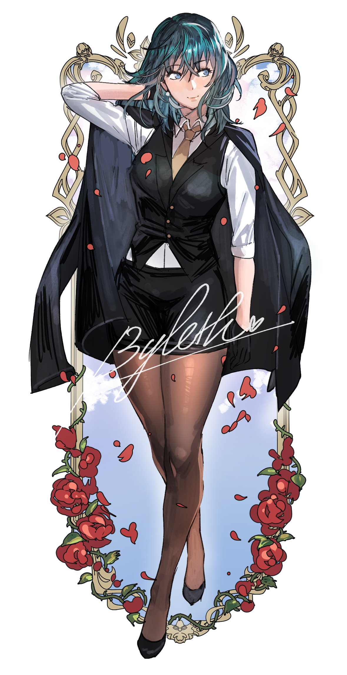 1girl alternate_costume aqua_hair arm_behind_head arm_up bangs black_gloves black_jacket black_skirt black_vest blue_eyes brown_necktie buttons byleth_(fire_emblem) byleth_eisner_(female) character_name collared_shirt earrings english_commentary fire_emblem fire_emblem:_three_houses flower formal full_body gloves hanny_(uirusu_chan) highres jacket jacket_on_shoulders jewelry looking_to_the_side medium_hair necktie pantyhose red_flower red_rose rose shirt shoes skirt skirt_suit smile solo standing suit vest white_background white_shirt