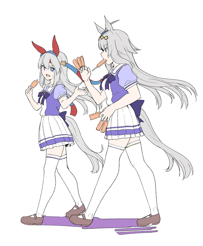 2girls animal_ears blue_eyes brown_footwear food hair_between_eyes holding holding_food horse_ears horse_girl horse_tail loafers long_hair multiple_girls oguri_cap_(umamusume) open_mouth pleated_skirt popsicle school_uniform shiseki_hirame shoes short_sleeves silver_hair simple_background skirt tail tamamo_cross_(umamusume) thigh-highs tracen_school_uniform umamusume white_background white_legwear white_skirt