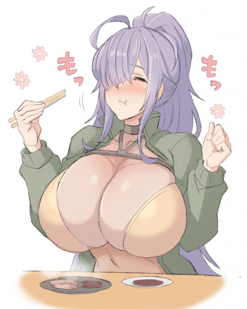 1girl :t abarano ahoge bangs blush breasts chest_strap chewing chopsticks closed_eyes commentary_request eating food green_jacket hair_over_one_eye high_ponytail holding holding_chopsticks huge_breasts jacket last_origin leotard plate t-20s_gnome table yellow_leotard