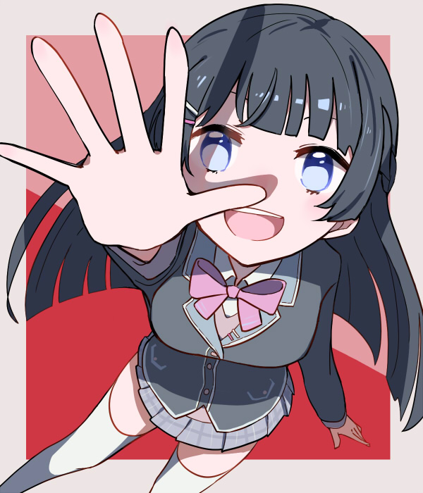 1girl bangs black_hair black_jacket blue_eyes border bow bowtie collared_shirt commentary_request feet_out_of_frame from_above grey_border grey_skirt hands jacket long_hair looking_at_viewer nijisanji no_pupils open_mouth plaid plaid_skirt purple_neckwear reaching_out red_background school_uniform shirt skirt smile solo sou_(tuhut) thigh-highs tsukino_mito two-tone_background upper_teeth white_legwear white_shirt