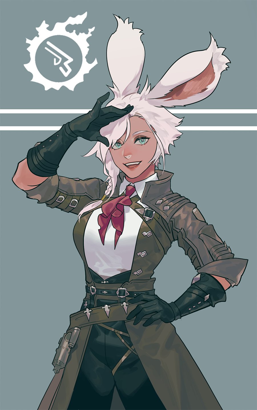 1girl animal_ears aqua_eyes black_gloves braid byuub cowboy_shot dark-skinned_female dark_skin elbow_sleeve gloves hand_on_hip hand_to_forehead highres jacket long_hair machinist_(final_fantasy) open_clothes open_jacket open_mouth rabbit_ears solo viera white_hair