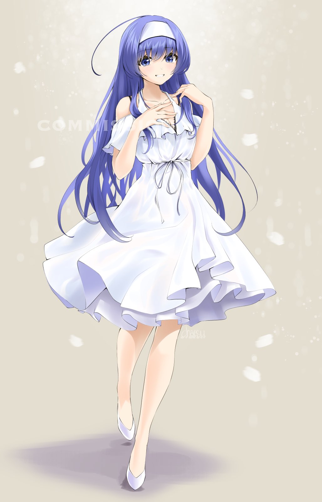 1girl bangs blue_eyes blue_hair blush brown_background chaesu commission dress hairband hands_up highres long_hair orie_(under_night_in-birth) parted_lips shadow shoes short_sleeves smile solo under_night_in-birth very_long_hair white_dress white_footwear white_hairband