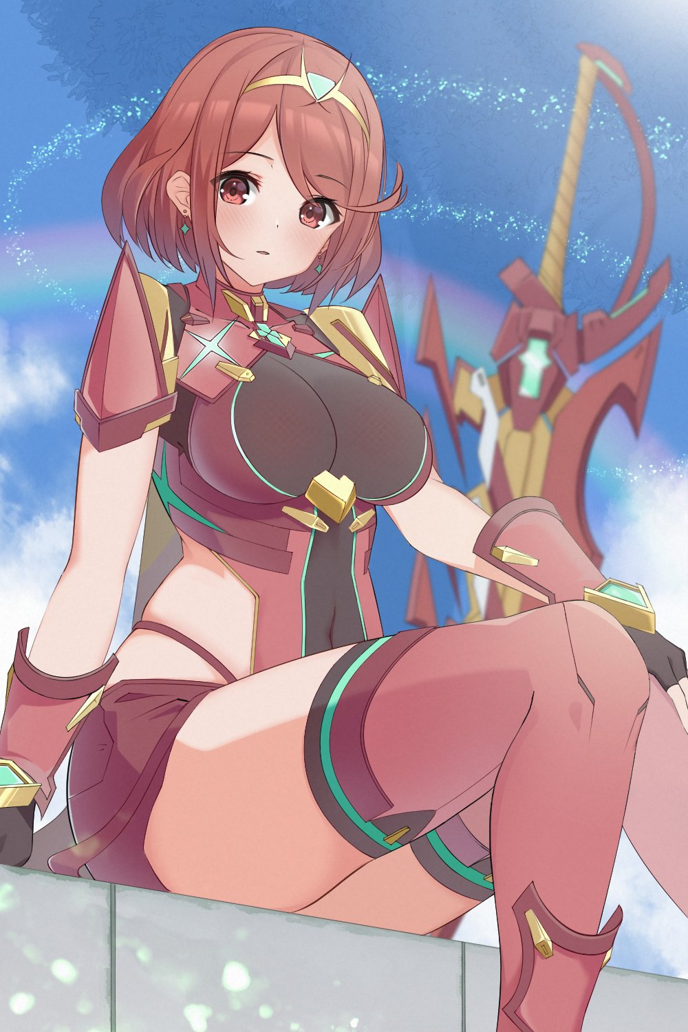 1girl aegis_sword_(xenoblade) bangs black_gloves breasts chest_jewel earrings fingerless_gloves gloves highres jewelry large_breasts pyra_(xenoblade) red_eyes red_legwear red_shorts redhead short_hair short_shorts shorts solo swept_bangs sword thigh-highs tiara tsumugi_1210 weapon xenoblade_chronicles_(series) xenoblade_chronicles_2