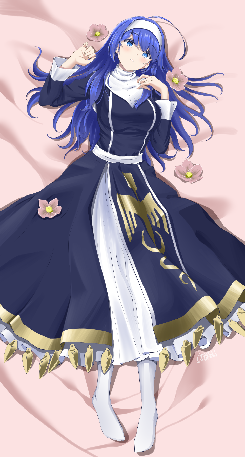 1girl black_dress blue_eyes blue_hair blush chaesu dress flower full_body hairband hands_up highres long_hair long_sleeves looking_at_viewer lying orie_(under_night_in-birth) parted_lips pink_flower print_dress solo under_night_in-birth white_hairband white_legwear