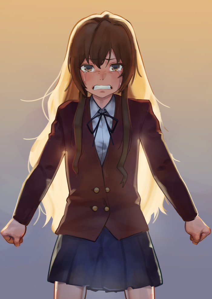 1girl aisaka_taiga backlighting black_ribbon blue_skirt blush brown_eyes brown_hair clenched_hands clenched_teeth crying crying_with_eyes_open dugnul eyebrows_visible_through_hair gradient gradient_background hair_between_eyes long_hair looking_at_viewer neck_ribbon ribbon skirt solo standing tears teeth toradora!