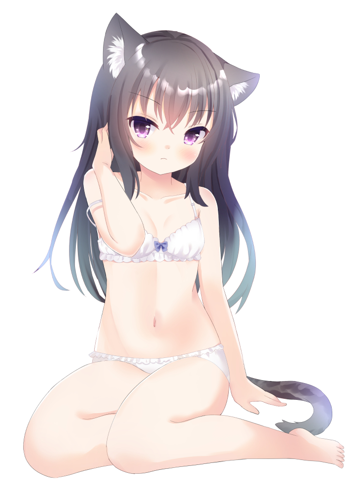 &gt;:( 1girl animal_ear_fluff animal_ears black_hair bra breasts cat_ears cat_girl cat_tail full_body long_hair original panties simple_background sitting small_breasts tail umi_suzume underwear underwear_only v-shaped_eyebrows violet_eyes white_background white_bra white_panties yokozuwari