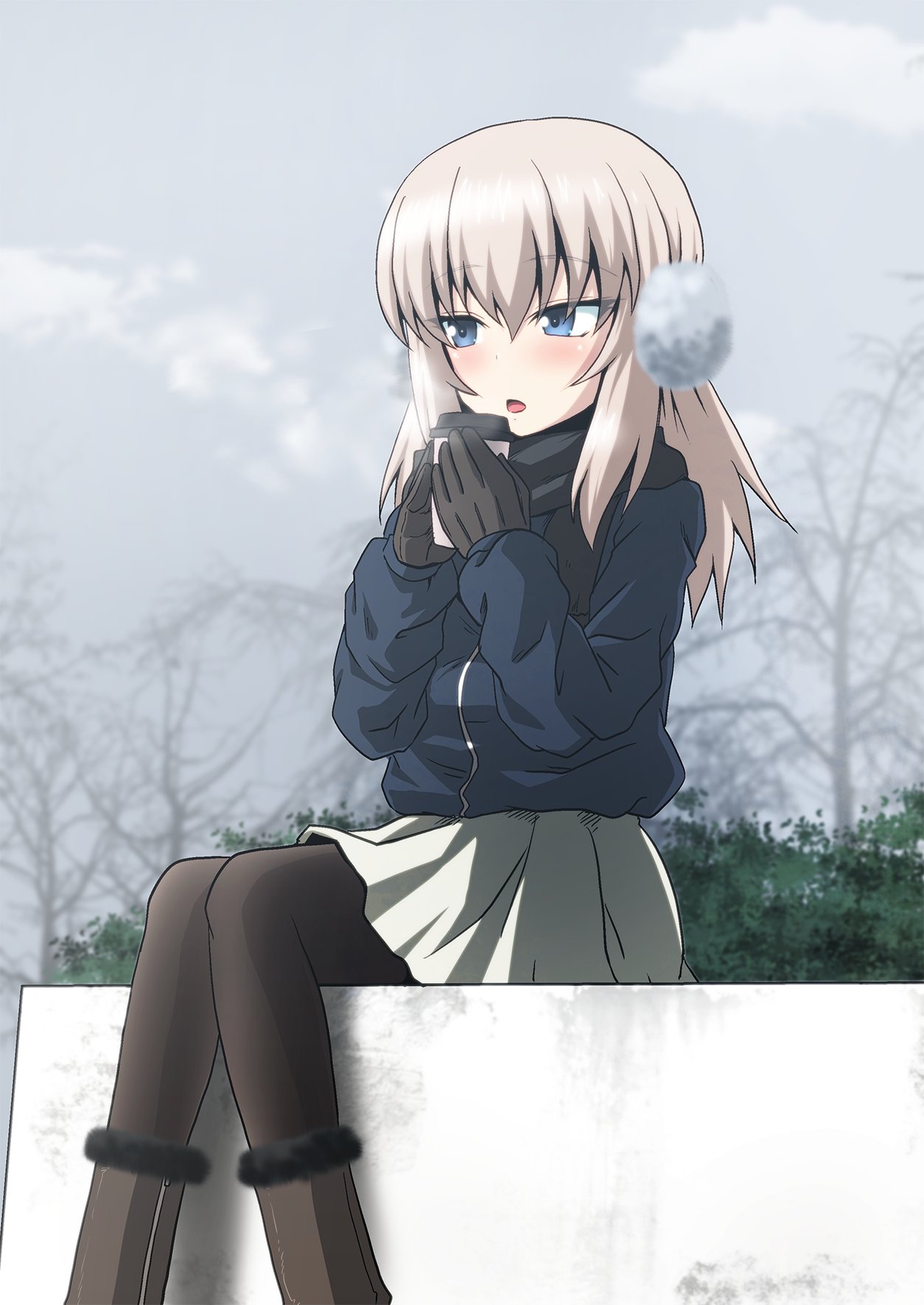 1girl bangs black_footwear black_gloves black_legwear black_scarf blue_eyes blue_jacket blush boots breath casual coffee_cup commentary_request cup disposable_cup earmuffs eyebrows_visible_through_hair girls_und_panzer gloves grey_sky half-closed_eyes highres holding holding_cup itsumi_erika jacket kamishima_kanon long_hair looking_to_the_side medium_hair miniskirt open_mouth pantyhose partial_commentary pleated_skirt scarf silver_hair skirt solo white_skirt winter winter_clothes