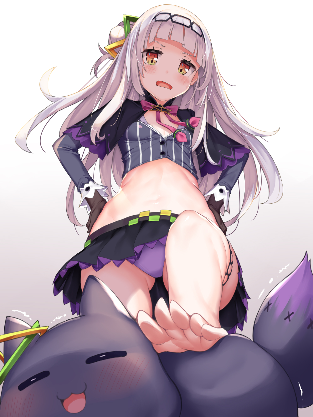 1girl ass_visible_through_thighs bangs bare_legs barefoot black_capelet black_gloves black_hairband black_skirt blunt_bangs blush bow breasts capelet commentary_request crop_top feet from_below gloves hair_bun hair_ornament hairband hands_on_hips highres hololive long_hair long_sleeves looking_at_viewer miniskirt mogmog murasaki_shion open_mouth panties pantyshot pink_bow pinstripe_pattern pinstripe_shirt purple_panties red_eyes shiokko_(murasaki_shion) shirt side_bun simple_background skirt small_breasts solo standing stomach striped thigh_strap toes underwear virtual_youtuber
