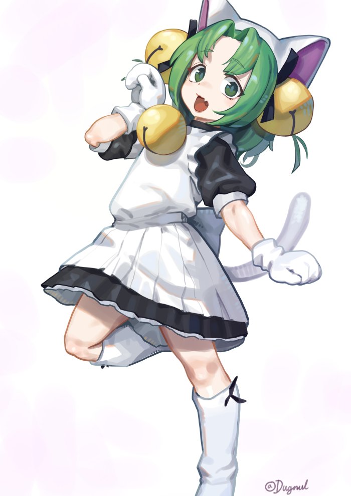 1girl animal_ears bell black_ribbon blush cat_ears cat_tail dejiko di_gi_charat dugnul eyebrows_visible_through_hair fang gloves green_eyes green_hair hair_bell hair_ornament hair_ribbon maid medium_hair neck_bell open_mouth oversized_object ribbon skin_fang solo tail twitter_username white_gloves