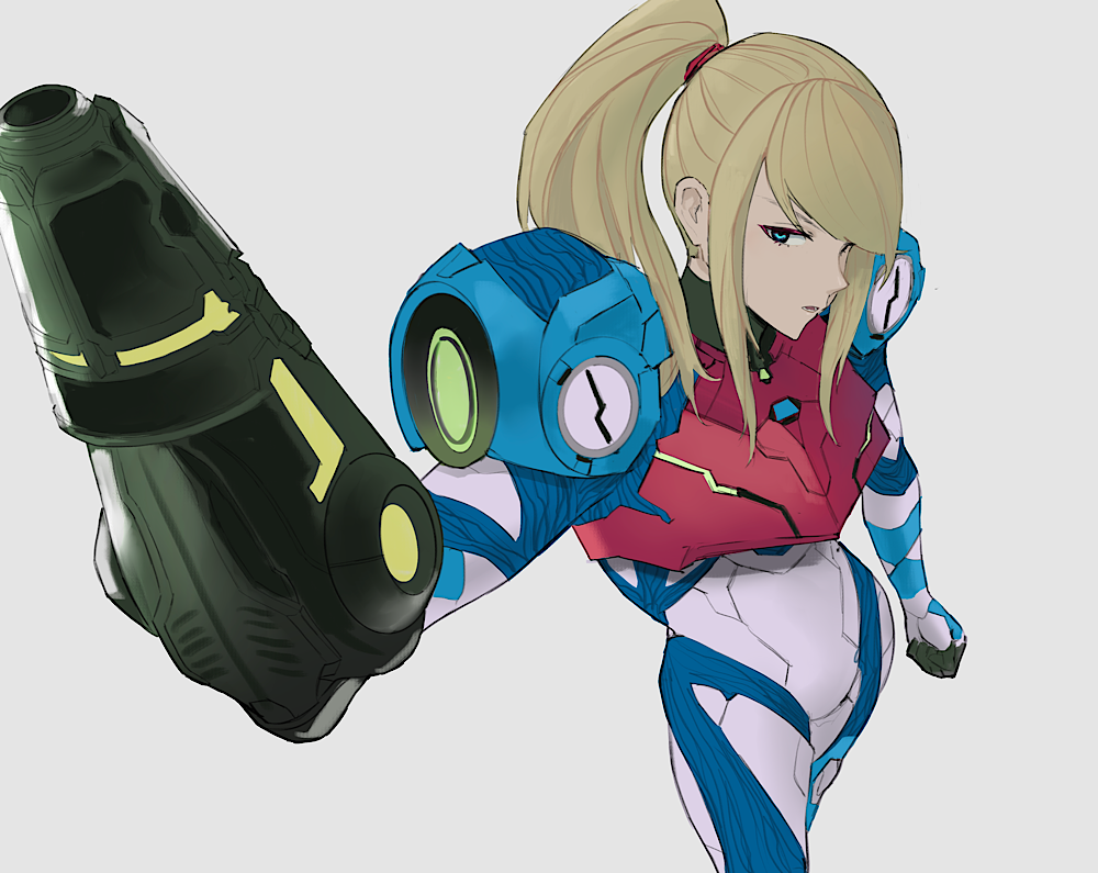 1girl arm_cannon arm_up arqa blonde_hair blue_eyes clenched_hand fisheye looking_at_viewer metroid metroid_dread ponytail power_suit samus_aran sidelocks weapon white_background
