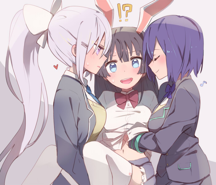!? 3girls bangs black_hair black_jacket blue_eyes blue_neckwear blush bow bowtie breasts brown_sweater closed_eyes closed_mouth collared_shirt commentary_request eighth_note grey_background grey_skirt groping hair_bow heart higuchi_kaede jacket jk_gumi_(nijisanji) large_breasts long_hair long_sleeves looking_at_viewer multiple_girls musical_note navel necktie nijisanji open_clothes open_jacket open_mouth parted_lips ponytail profile purple_hair purple_neckwear red_neckwear shirt shizuka_rin short_hair silver_hair simple_background skirt sou_(tuhut) sweat sweater thigh-highs tsukino_mito upper_body violet_eyes white_bow white_legwear white_shirt yuri