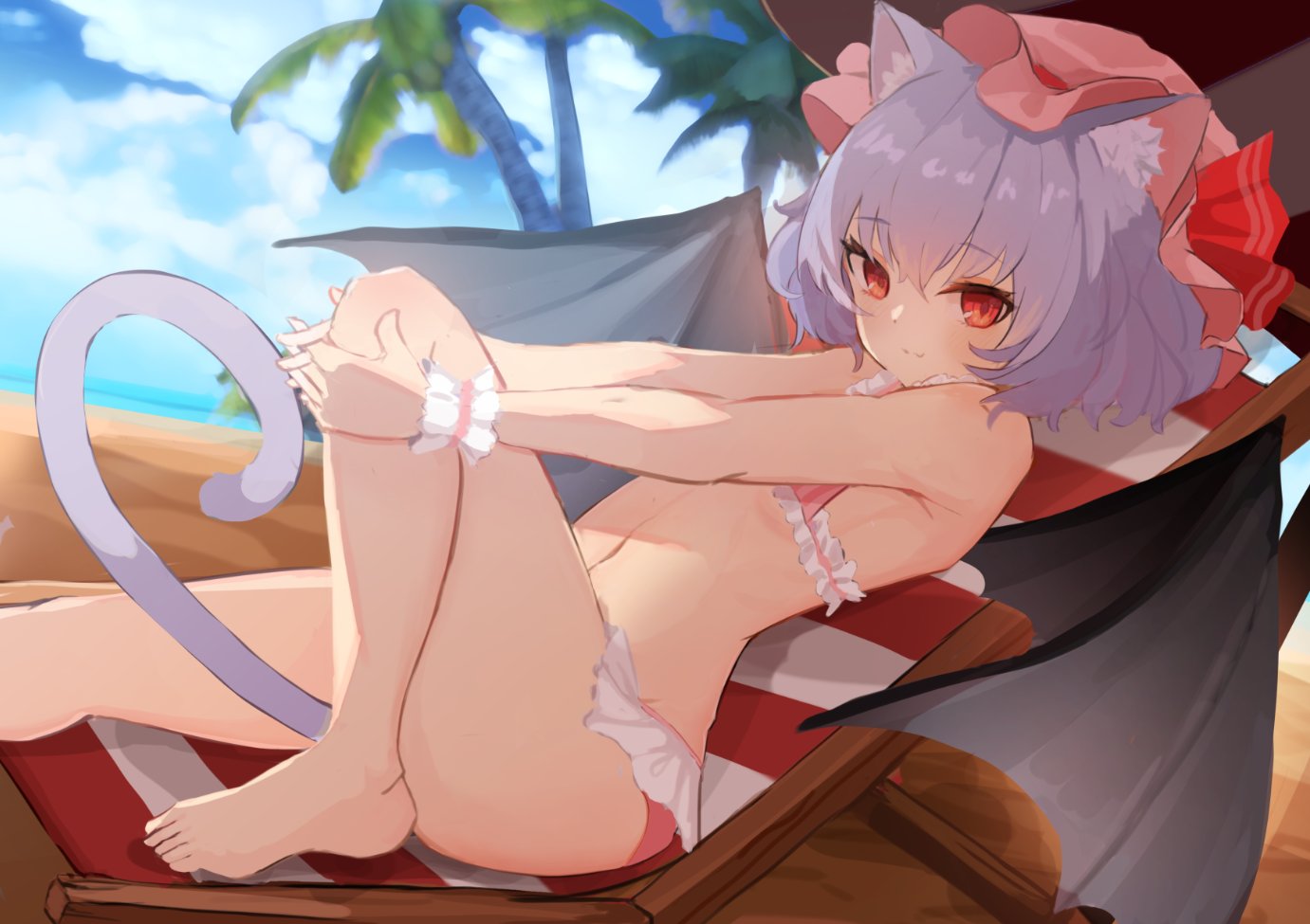1girl :3 alternate_costume animal_ears armpit_peek bangs barefoot bat_wings bikini blurry blurry_background bow cat_ears cat_tail chair closed_mouth clouds cloudy_sky commentary_request day depth_of_field eyebrows_visible_through_hair flat_chest foot_out_of_frame frills hat hat_bow holding_leg kemonomimi_mode knee_up light_purple_hair light_smile looking_at_viewer mob_cap outdoors palm_tree pink_bikini pink_headwear red_bow red_eyes remilia_scarlet short_hair sitting sky solarisu solo swimsuit tail toes touhou tree umbrella wings wrist_cuffs