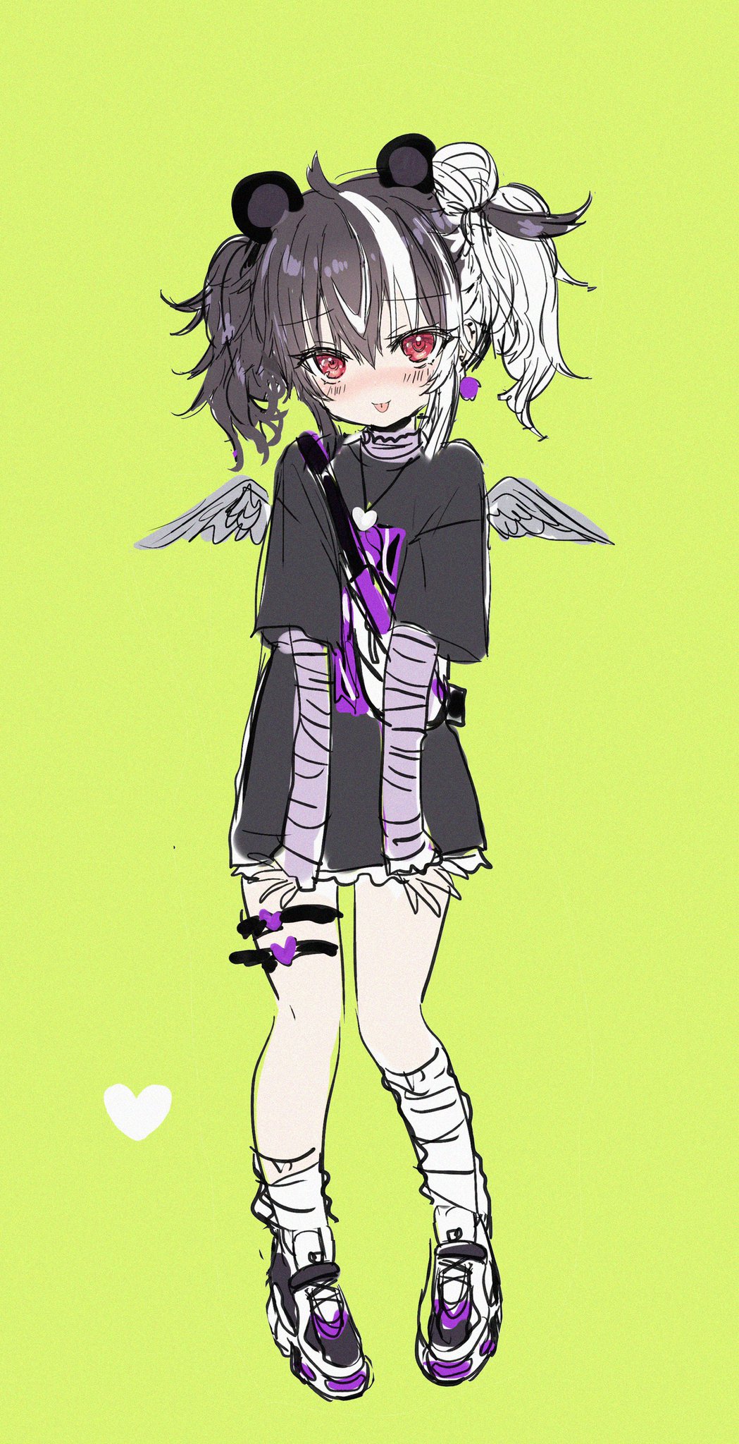 1girl :p animal_ears arm_warmers bangs bear_ears black_footwear black_hair black_shirt blush closed_mouth eyebrows_visible_through_hair fanny_pack feathered_wings full_body green_background grey_wings hair_between_eyes hair_bun hair_ornament hairclip heart highres indie_virtual_youtuber loose_socks mini_wings multicolored_hair obear red_eyes shiodome_oji shirt shoes short_sleeves side_bun simple_background sketch smile socks solo standing streaked_hair tongue tongue_out twintails uneven_legwear virtual_youtuber white_hair white_legwear wide_sleeves wings x_hair_ornament