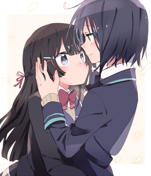 2girls bangs beige_background black_hair black_jacket blue_eyes blue_jacket border bow bowtie closed_mouth commentary_request dutch_angle eye_contact hair_ornament hair_ribbon hairclip half_updo hands_on_another's_head height_difference jacket long_hair long_sleeves looking_at_another multiple_girls nijisanji profile purple_hair purple_jacket purple_neckwear red_neckwear red_ribbon ribbon shizuka_rin short_hair smile sou_(tuhut) sweatdrop tsukino_mito upper_body white_border yellow_eyes yuri