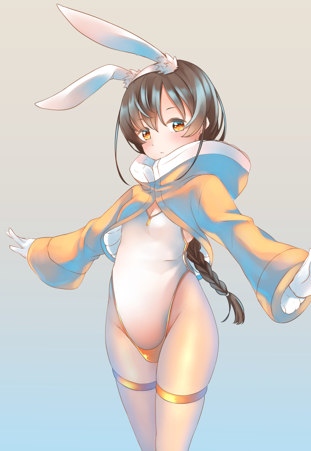 1girl animal_ears blue_background braid breasts brown_hair bunny_tail comah eyebrows_visible_through_hair fake_animal_ears fake_tail gloves gradient gradient_background hair_between_eyes highres hood hooded_jacket jacket kantai_collection leotard long_hair orange_eyes playboy_bunny rabbit_ears single_braid small_breasts solo souya_(kancolle) standing tail white_gloves white_leotard yellow_jacket