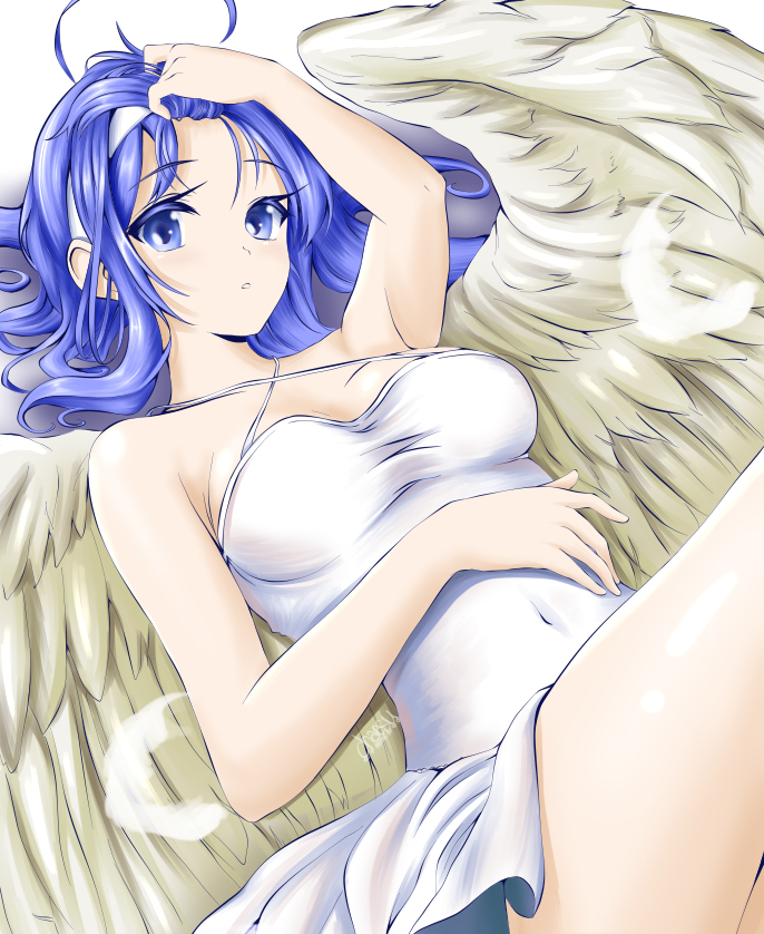 1girl angel_wings arm_up blue_eyes blue_hair breasts chaesu covered_navel cowboy_shot feathered_wings feathers hairband long_hair looking_at_viewer lying medium_breasts on_back orie_(under_night_in-birth) shadow signature solo under_night_in-birth white_feathers white_hairband white_wings wings