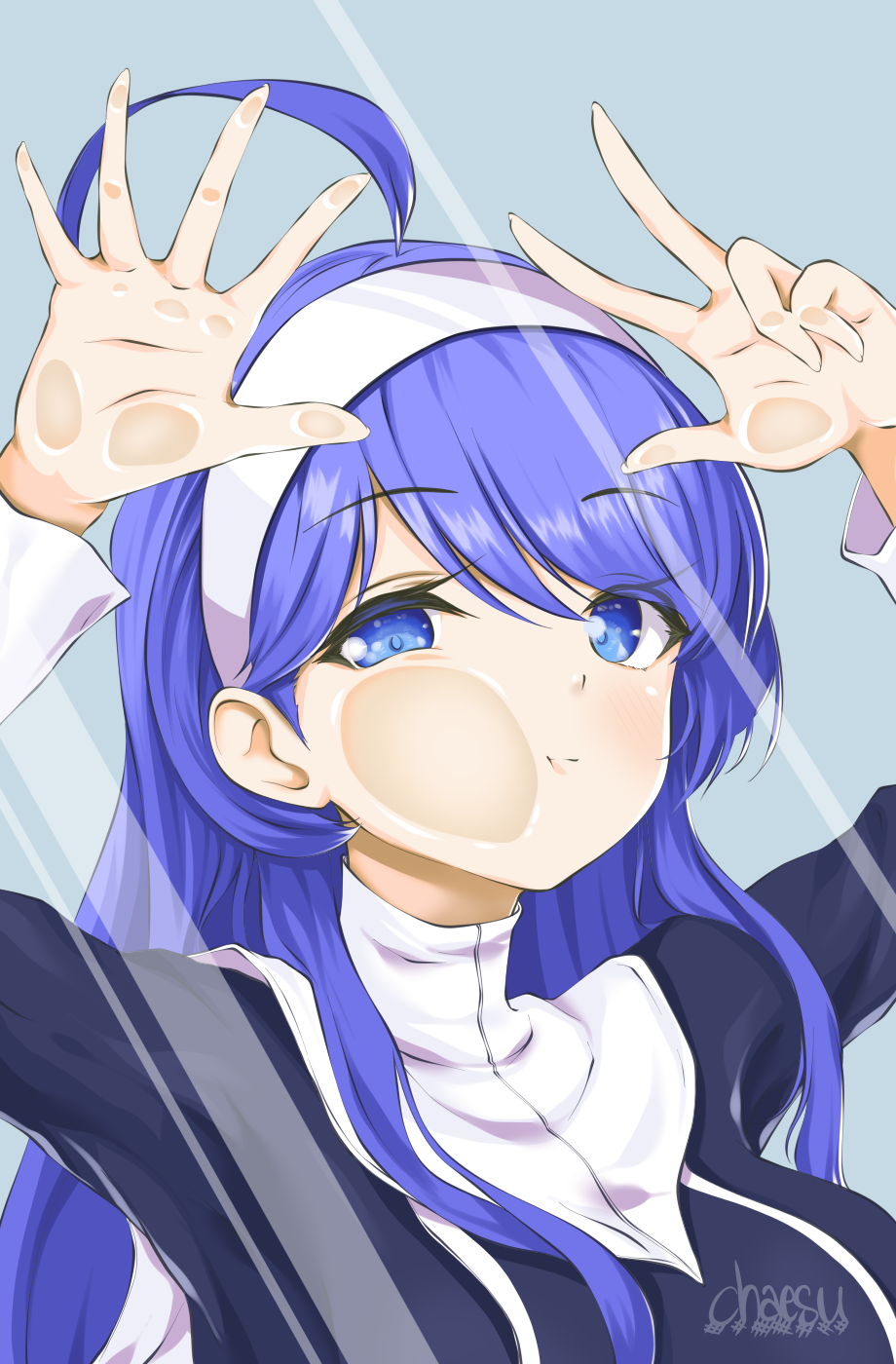 1girl against_glass ahoge bangs blue_background blue_eyes blue_hair chaesu eyebrows_visible_through_hair hairband hands_up highres long_hair long_sleeves looking_at_viewer orie_(under_night_in-birth) signature simple_background solo under_night_in-birth upper_body white_hairband