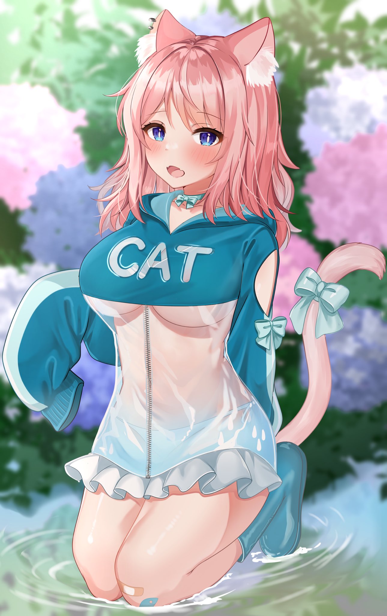 1girl animal_ear_fluff animal_ears arm_behind_back blue_eyes blue_footwear blurry boots bow breasts cat_ears cat_girl cat_tail clothes_writing depth_of_field flower highres hood hood_down hydrangea katsushika_pachi kneeling long_hair long_sleeves looking_at_viewer open_mouth original pink_hair ripples see-through sleeves_past_fingers sleeves_past_wrists slit_pupils solo tail tail_bow tail_ornament tail_raised under_boob water