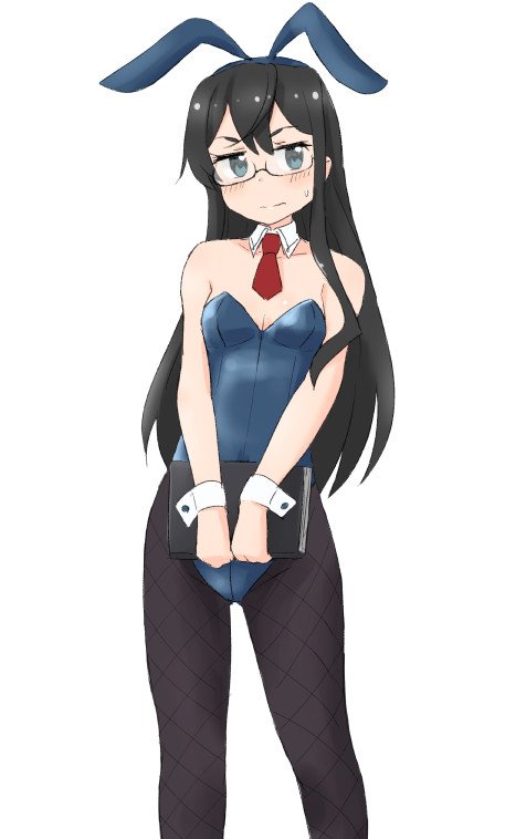 1girl alternate_costume animal_ears bangs black_hair black_legwear blue_eyes blue_leotard blush book breasts detached_collar fake_animal_ears glasses holding holding_book junes kantai_collection leotard long_hair ooyodo_(kancolle) pantyhose playboy_bunny rabbit_ears red_neckwear simple_background small_breasts solo sweat white_background wrist_cuffs