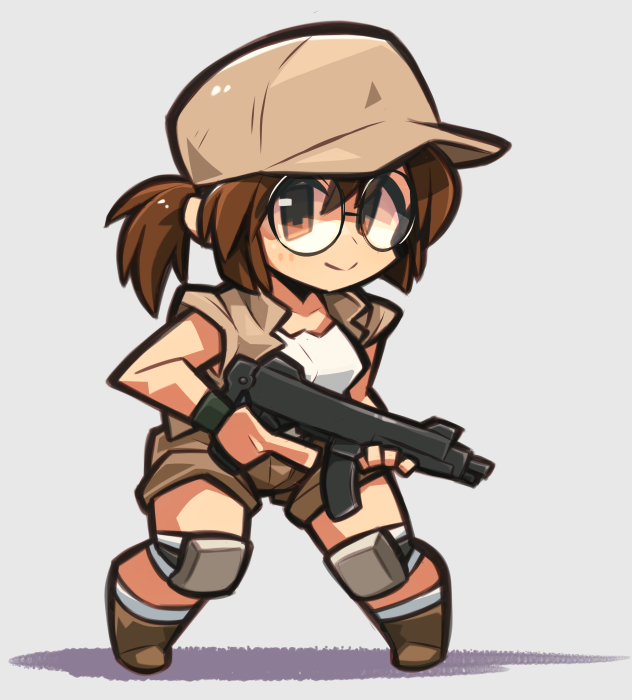 1girl baseball_cap brown_eyes brown_footwear brown_hair brown_headwear brown_shorts brown_vest chibi fio_germi glasses grey_background gun hat holding holding_gun holding_weapon ibara. knee_pads long_hair looking_at_viewer metal_slug open_clothes open_vest ponytail round_eyewear shirt shoes short_shorts shorts simple_background sleeveless sleeveless_shirt smile solo standing submachine_gun trigger_discipline vest weapon white_shirt