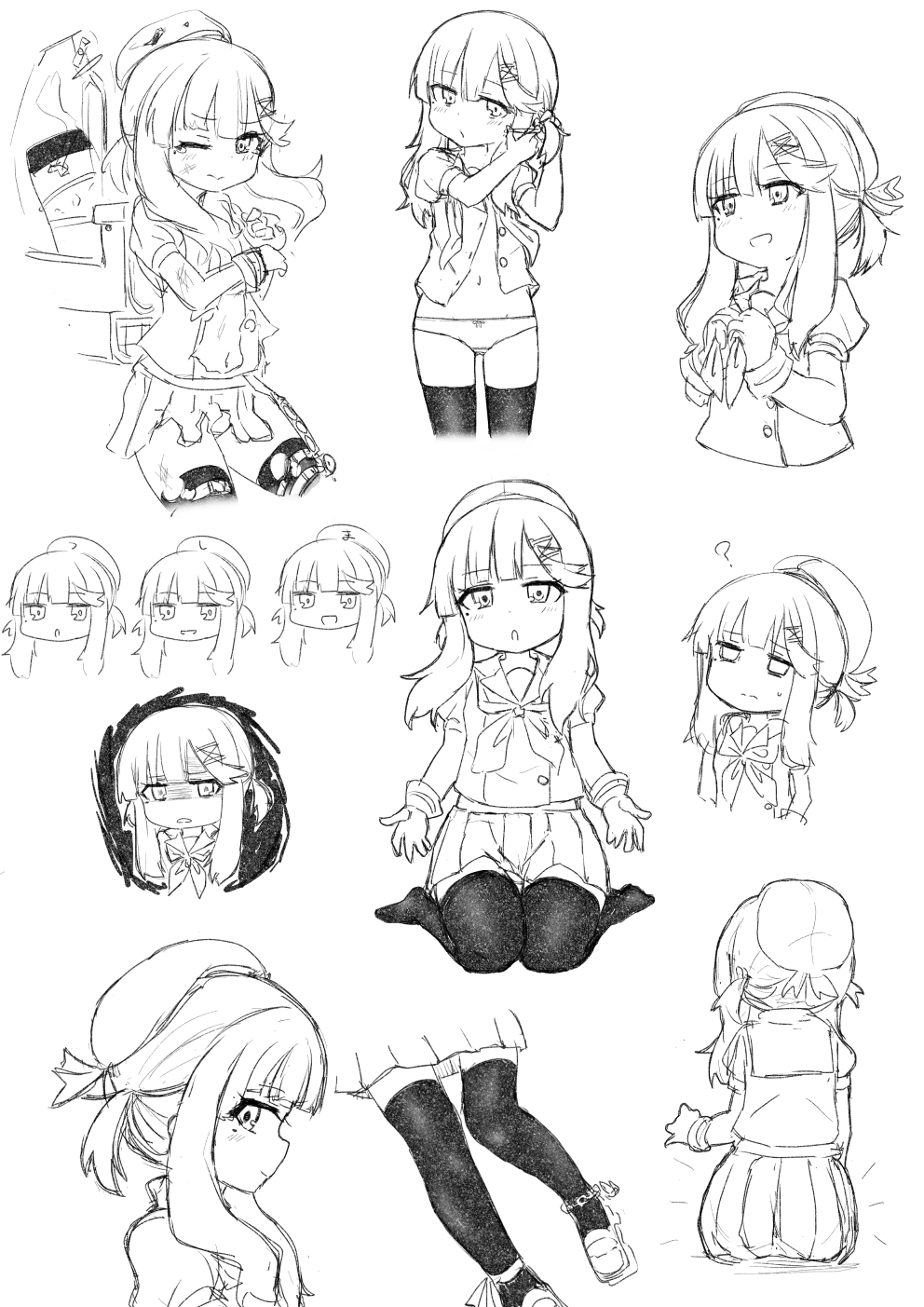 1girl :o ? bangs closed_mouth gloves greyscale hair_ornament hairclip hat highres junes kantai_collection monochrome multiple_views neckerchief one_eye_closed open_mouth pleated_skirt ponytail sailor_collar school_uniform serafuku shaded_face short_sleeves sidelocks simple_background sitting sketch skirt thigh-highs torn_clothes torn_legwear tsushima_(kancolle)