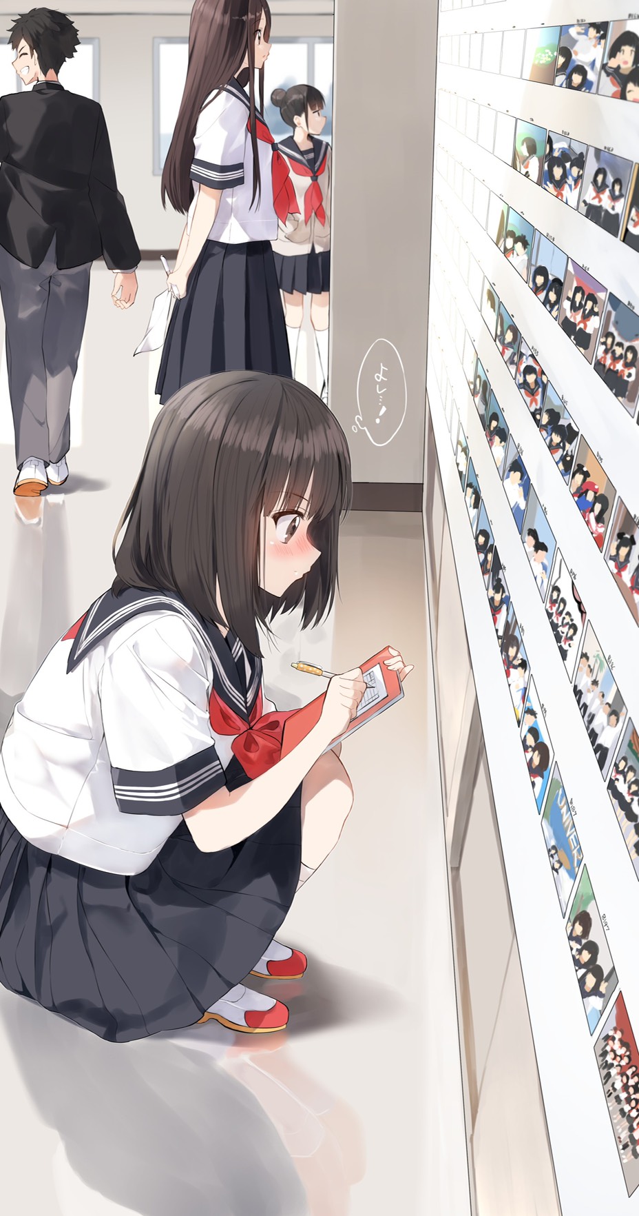 1boy 3girls black_hair black_jacket black_sailor_collar black_skirt blush brown_cardigan brown_hair cardigan clipboard closed_mouth commentary_request gakuran grey_pants grin highres holding holding_pencil indoors jacket long_hair multiple_girls neckerchief nose_blush original pants pencil pentagon_(railgun_ky1206) photo_(object) pleated_skirt profile red_neckwear reflection sailor_collar school_uniform shirt shoe_soles shoes short_sleeves skirt smile socks squatting standing translation_request walking white_footwear white_legwear white_shirt window