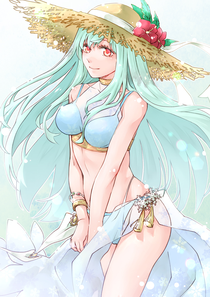 1girl bare_shoulders bikini blue_hair blush breasts cute ebi_puri_(ebi-ebi) fire_emblem fire_emblem:_the_blazing_blade fire_emblem_heroes flower hair_ornament hat hibiscus intelligent_systems long_hair looking_at_viewer manakete navel ninian_(fire_emblem) nintendo red_eyes simple_background smile solo summer sun_hat swimsuit