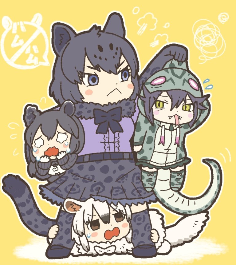 4girls animal_ears anteater_ears anteater_tail black_fur black_gloves black_hair black_jaguar_(kemono_friends) black_legwear black_neckwear black_skirt blue_eyes blush bow bowtie center_frills commentary_request crying elbow_gloves eyebrows_visible_through_hair fangs frilled_skirt frills fur_collar gloves habu_(kemono_friends) holding_another hood hood_up hoodie jaguar_ears jaguar_girl jaguar_print jaguar_tail kemono_friends kuro_shiro_(kuro96siro46) long_hair long_sleeves malayan_tapir_(kemono_friends) multicolored_hair multiple_girls print_gloves print_hoodie print_legwear print_skirt purple_shirt shirt short_hair short_sleeves skirt snake_print snake_tail southern_tamandua_(kemono_friends) tail tapir_ears tapir_girl thigh-highs tongue tongue_out two-tone_hair white_hair zettai_ryouiki