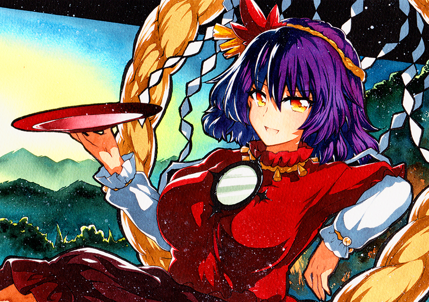 1girl alcohol autumn_leaves bangs blue_sky breasts brown_skirt eyebrows_visible_through_hair grass hair_between_eyes hair_ornament hairband hand_up leaf leaf_hair_ornament long_sleeves looking_at_viewer mirror mountain open_mouth purple_hair qqqrinkappp red_shirt red_sleeves sake shirt short_hair sitting skirt sky smile solo sun touhou traditional_media white_sleeves yasaka_kanako yellow_eyes yellow_hairband