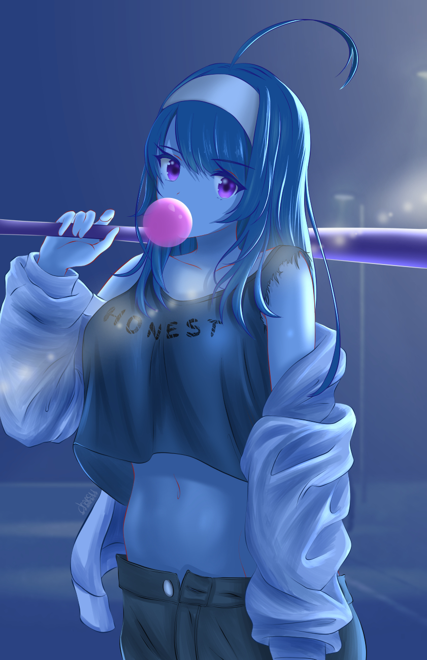 1girl ahoge baseball_bat black_pants black_tank_top blue_hair blue_theme bubble_blowing chaesu chewing_gum cowboy_shot hairband highres holding holding_baseball_bat long_hair looking_at_viewer off_shoulder orie_(under_night_in-birth) pants print_tank_top solo sweater tank_top under_night_in-birth violet_eyes white_hairband white_sweater