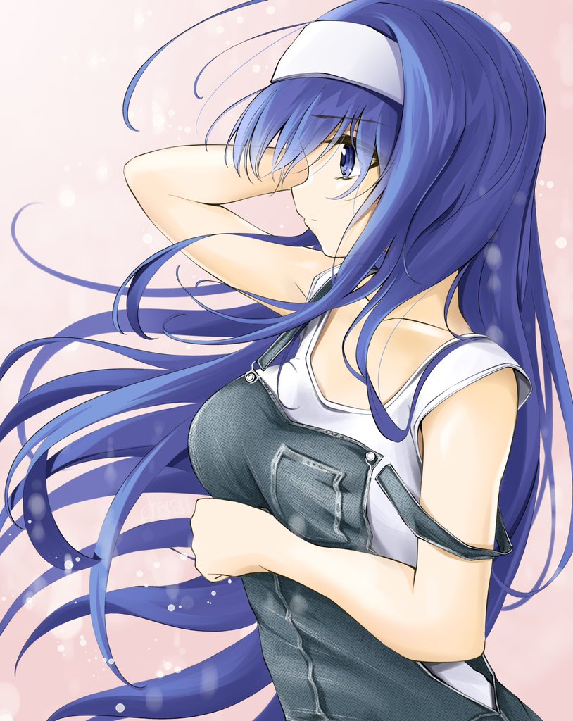 1girl ahoge arm_behind_head black_overalls blue_eyes blue_hair chaesu eyebrows_visible_through_hair floating_hair long_hair orie_(under_night_in-birth) overalls pink_background profile shirt short_sleeves solo under_night_in-birth upper_body white_shirt