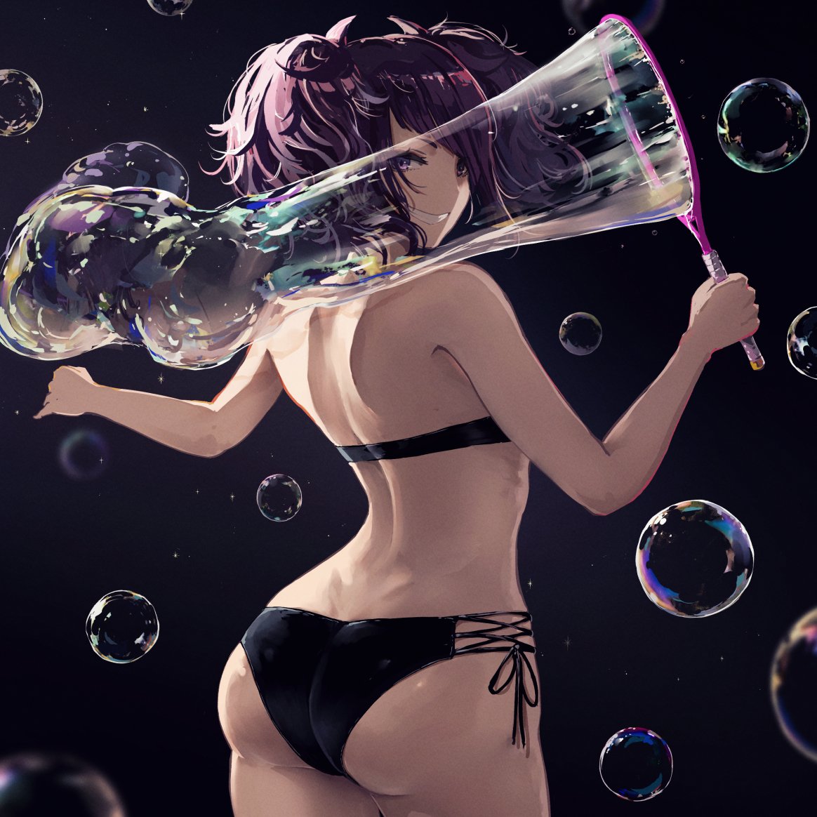 1girl :d ass back bangs bare_arms bare_shoulders bikini black_bikini cowboy_shot dark_background diagonal_bangs dimples_of_venus from_behind grin idolmaster idolmaster_shiny_colors looking_at_viewer looking_back minyom open_mouth purple_hair short_hair short_twintails side-tie_bikini smile soap_bubbles solo swimsuit tanaka_mamimi teeth twintails violet_eyes